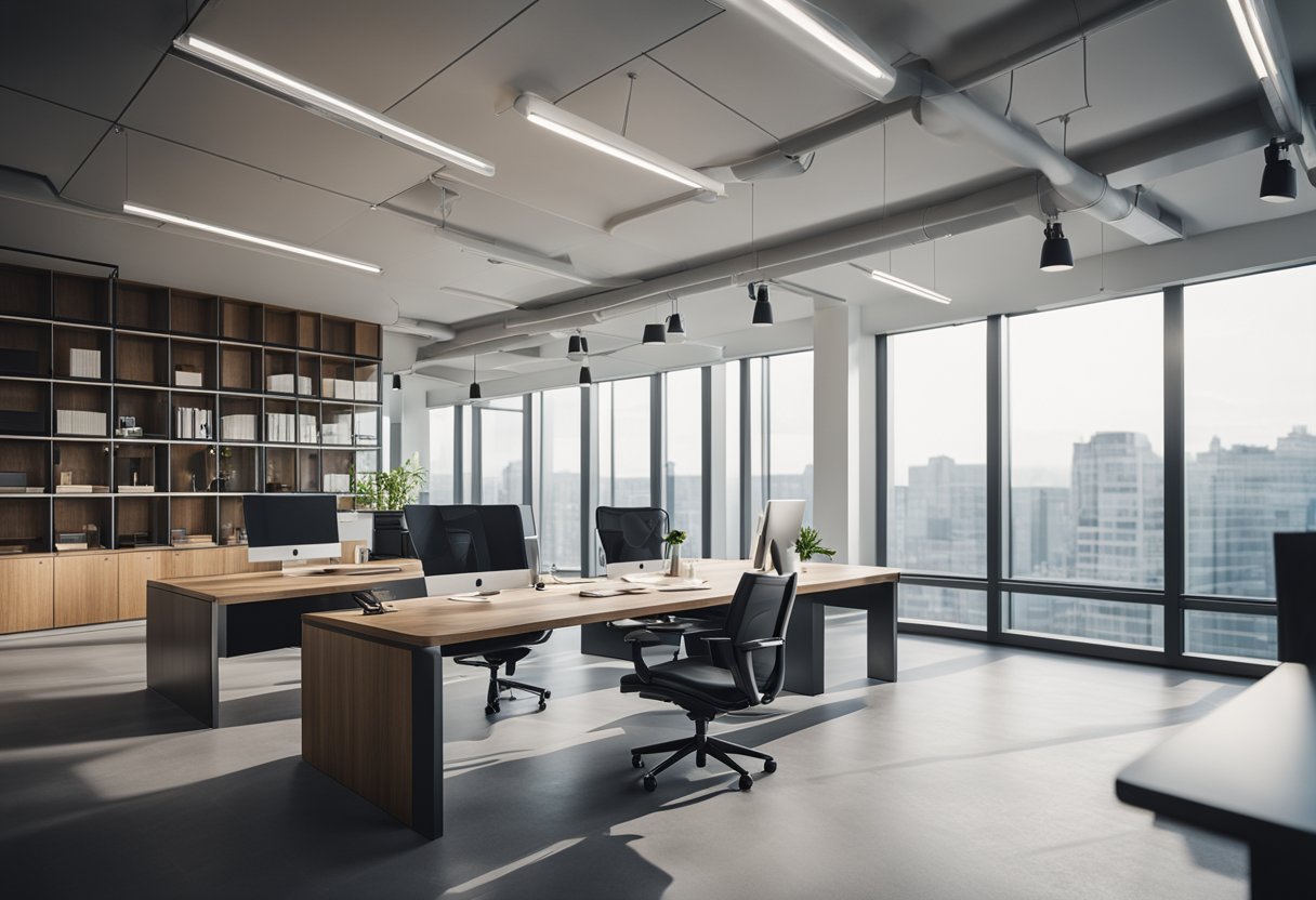 A spacious mezzanine office with modern furniture, large windows, and a sleek minimalist design