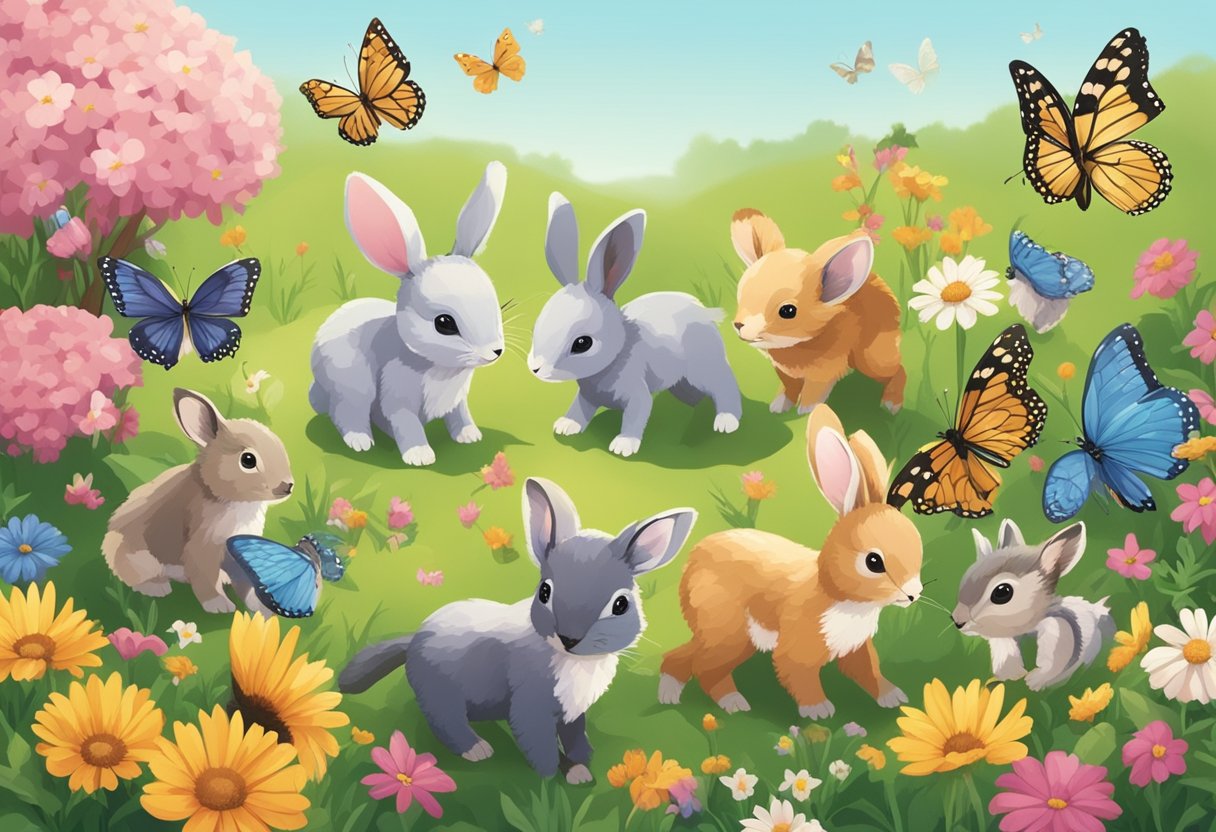 A group of colorful baby animals playing together in a meadow, surrounded by flowers and butterflies