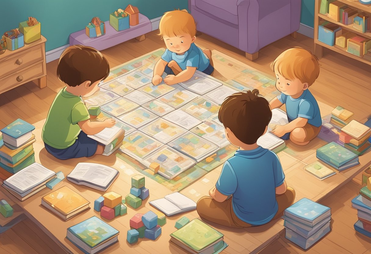A table covered with baby name books and a notepad, surrounded by siblings playing with blocks and toys