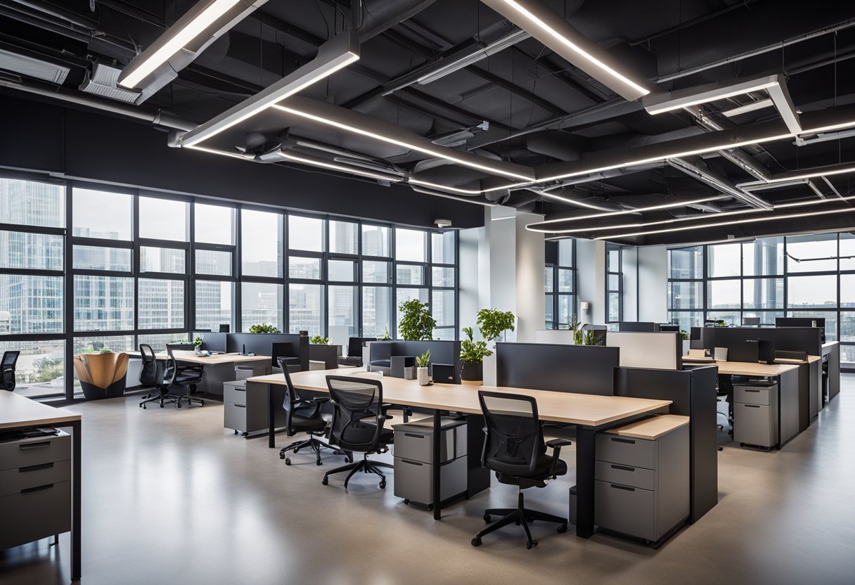 The mezzanine office features sleek, modern design with innovative technology integrated throughout the space. The open layout allows for natural light to flood in, highlighting the advanced design features