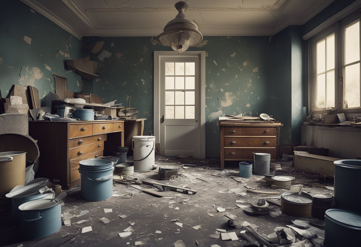 A cluttered room with peeling wallpaper, old furniture, and dusty floors. Tools and paint cans are scattered around, ready for a home renovation