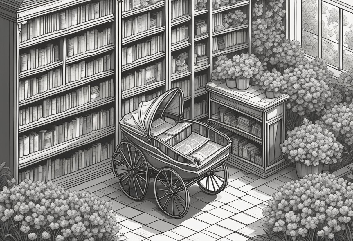 A garden with blooming flowers, a bookshelf filled with classic literature, and a vintage baby carriage