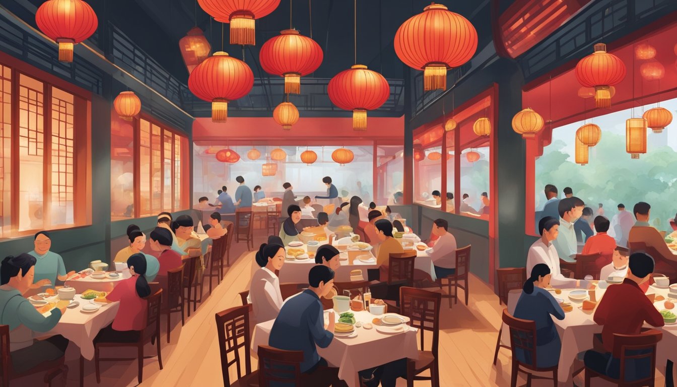 Busy tables at a bustling Chinese restaurant in Singapore. Aromatic dishes and steaming pots fill the room, while lanterns and red decor create a lively atmosphere