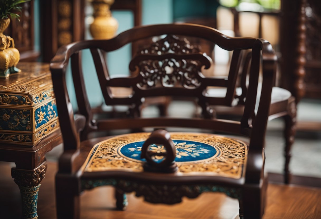 A traditional Peranakan furniture set in a Singaporean living room. Richly carved wooden chairs, ornate tables, and vibrant porcelain accents