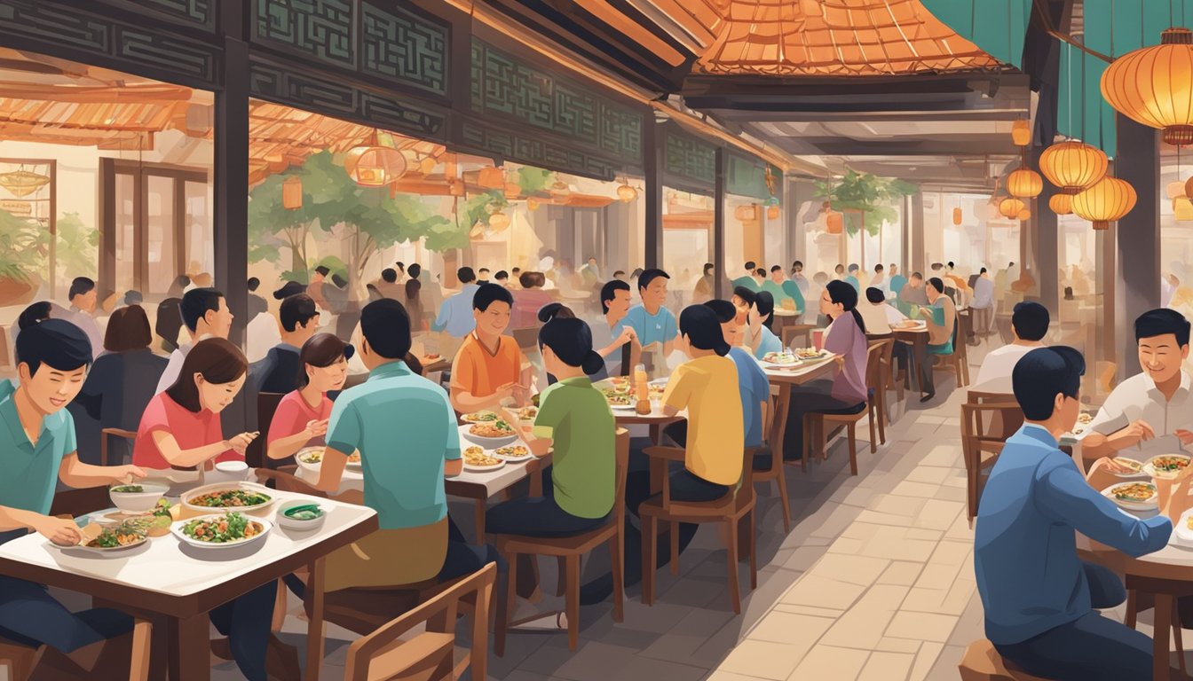 Diners enjoying traditional Chinese dishes at bustling Singapore restaurants