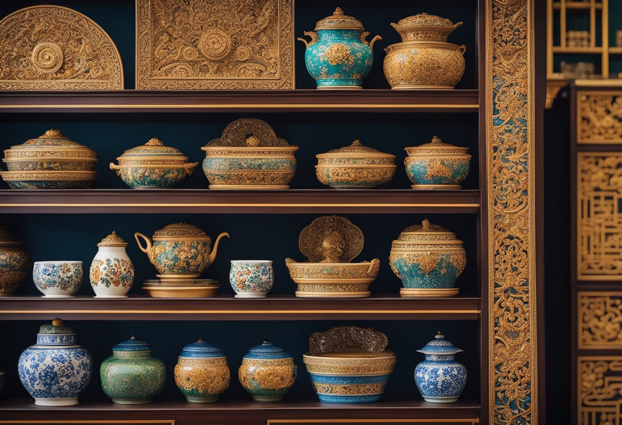 A vibrant Peranakan furniture shop showcases ornate wooden carvings and intricate porcelain details, with colorful batik patterns adorning the various pieces