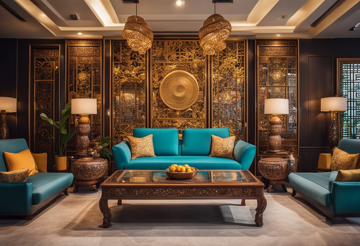A modern living room with traditional Peranakan furniture, featuring intricate carvings and vibrant colors, set against a backdrop of sleek, contemporary decor