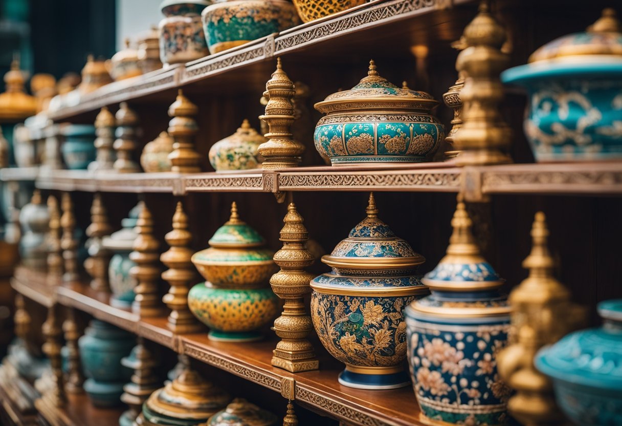 A stack of colorful Peranakan furniture with intricate carvings and vibrant patterns, displayed in a well-lit showroom