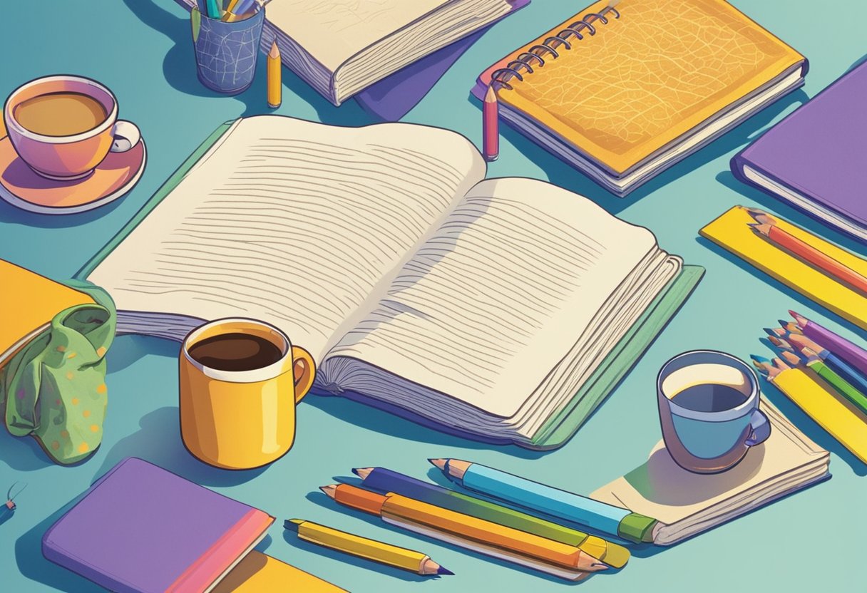 A collection of baby name books spread out on a table, surrounded by colorful pens and pencils. A cup of coffee sits nearby, with a cozy blanket draped over the chair