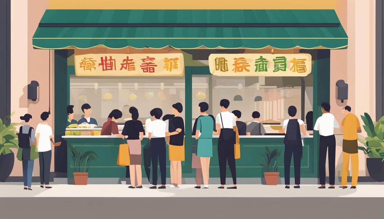 Customers lining up outside a bustling Chinese restaurant in Singapore, with a sign displaying "Frequently Asked Questions" in bold letters