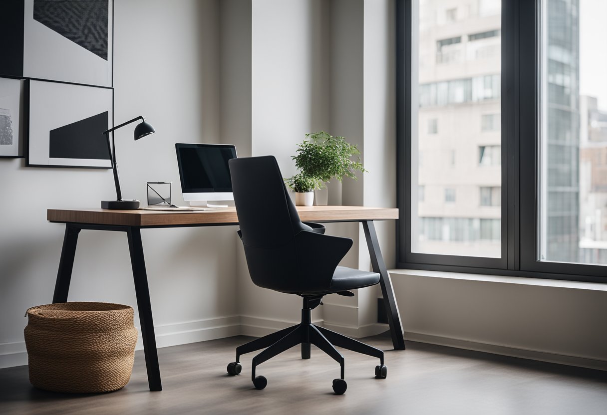 A sleek desk with a minimalist design sits in front of a large window, allowing natural light to flood the room. A comfortable chair and a stylish bookshelf complete the modern home office setup