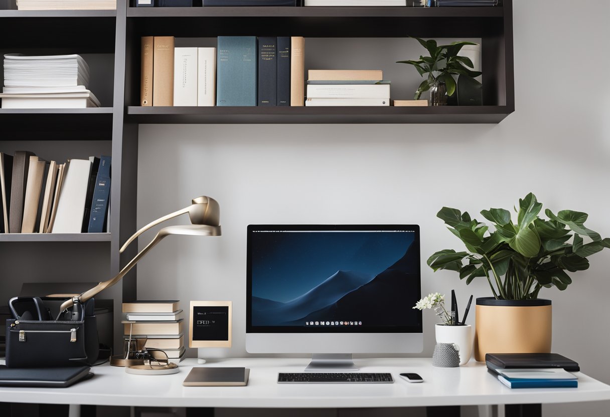 A sleek desk with a minimalist computer setup, a comfortable chair, and shelves filled with books and decorative items in a well-lit, organized modern home office