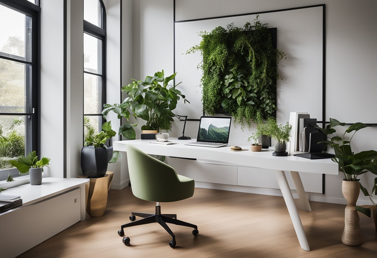 A sleek, minimalist desk with a pop of color, surrounded by ergonomic furniture and greenery. A large window lets in natural light, with artwork and personal touches adding character to the space