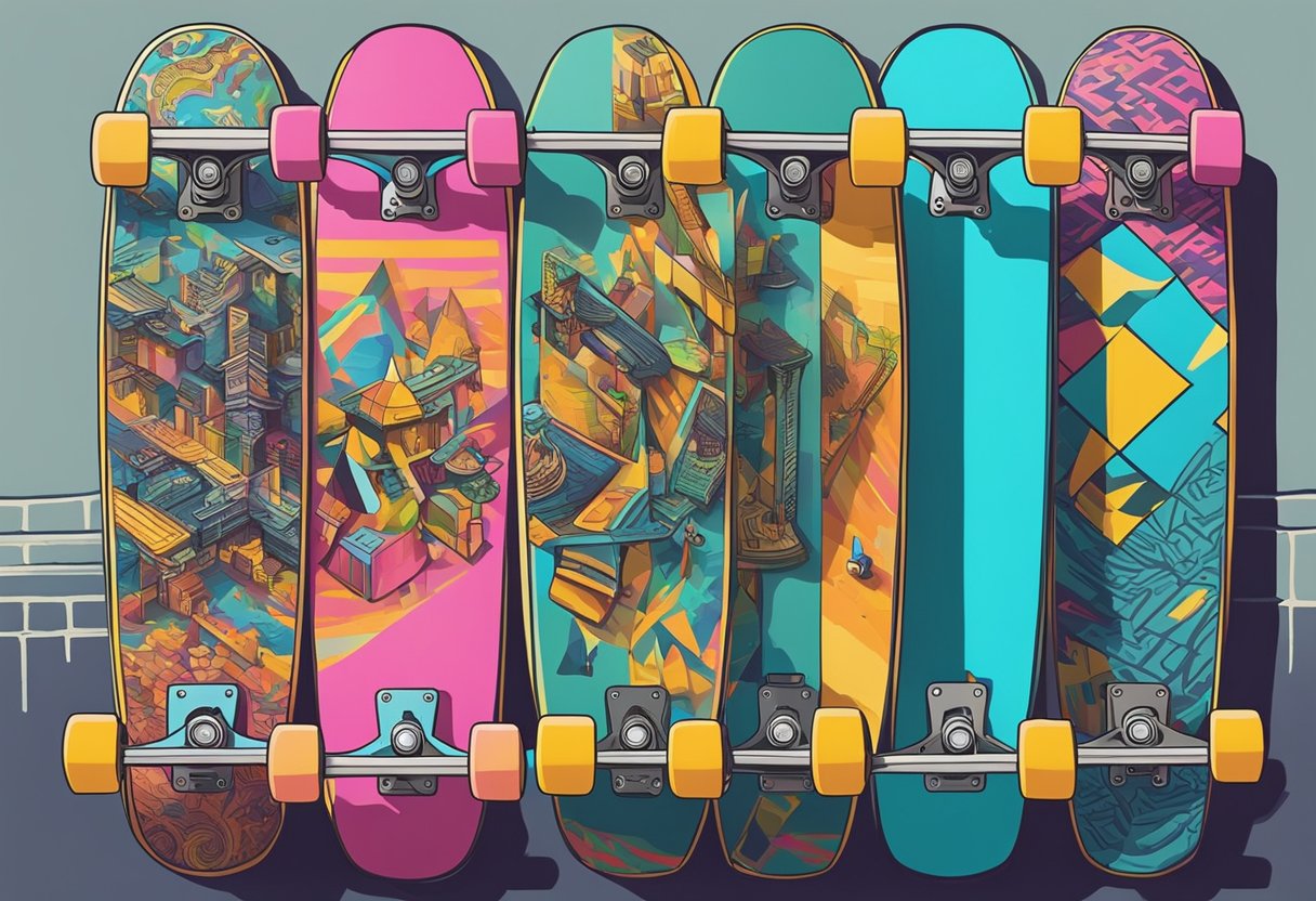 A group of colorful skateboards with unique names lined up against a graffiti-covered wall