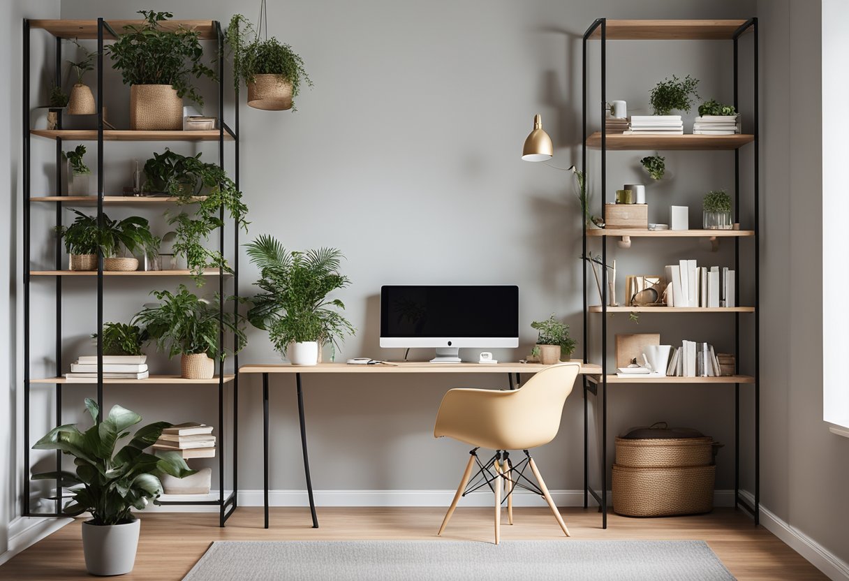 A sleek, minimalist home office with a large desk, ergonomic chair, and plenty of natural light. A wall-mounted shelving unit displays books and decorative items, while a potted plant adds a touch of greenery