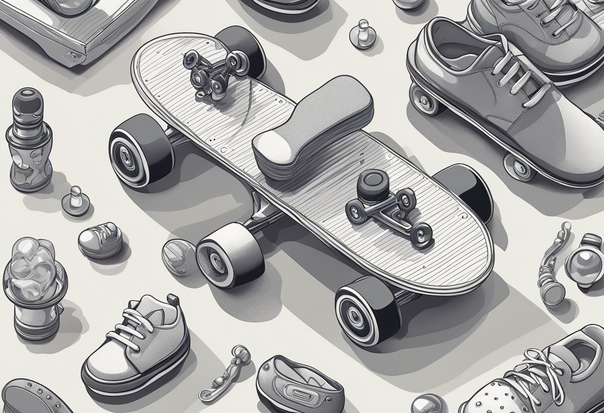 A skateboard surrounded by baby-related items like pacifiers, rattles, and baby shoes