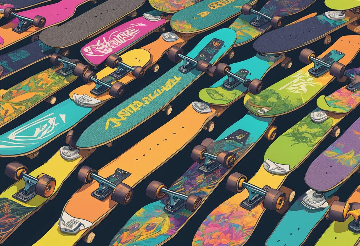 A group of skateboards arranged in a circle, each with a unique name written on the deck. Bright colors and graffiti-style lettering add to the edgy vibe