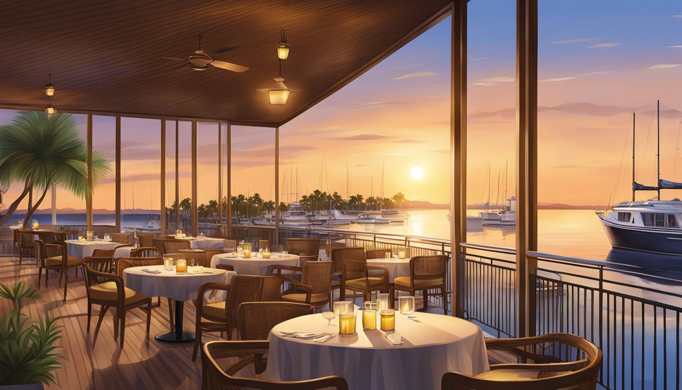 The sun sets over Raffles Marina restaurant, casting a warm glow on the outdoor terrace and reflecting off the calm waters of the marina