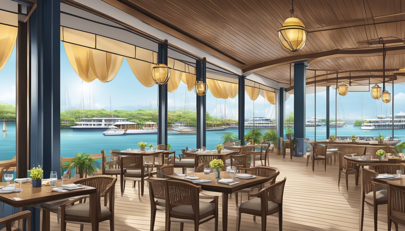 The Raffles Marina restaurant is situated by the water, with easy access for boats and a picturesque view of the marina