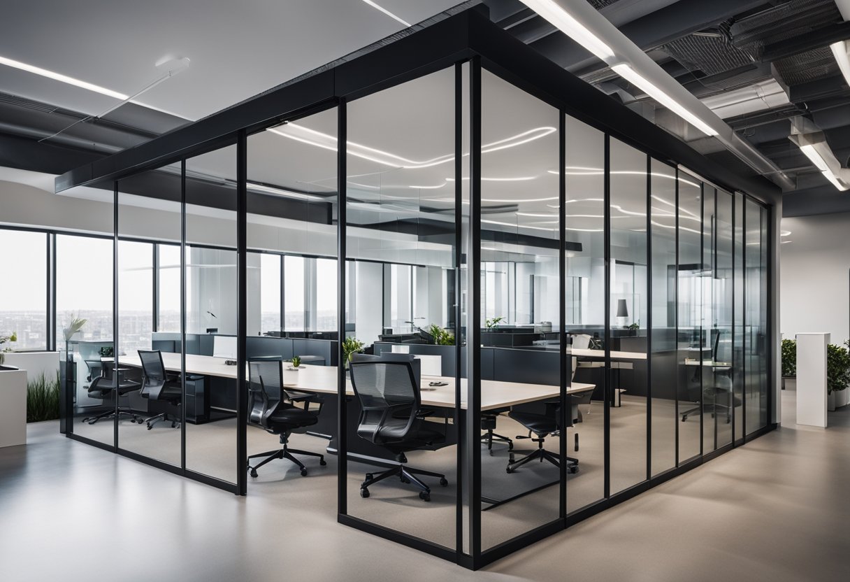 Modern office with sleek glass partitions, clean lines, and minimalist decor. Natural light floods the space, creating a bright and open atmosphere