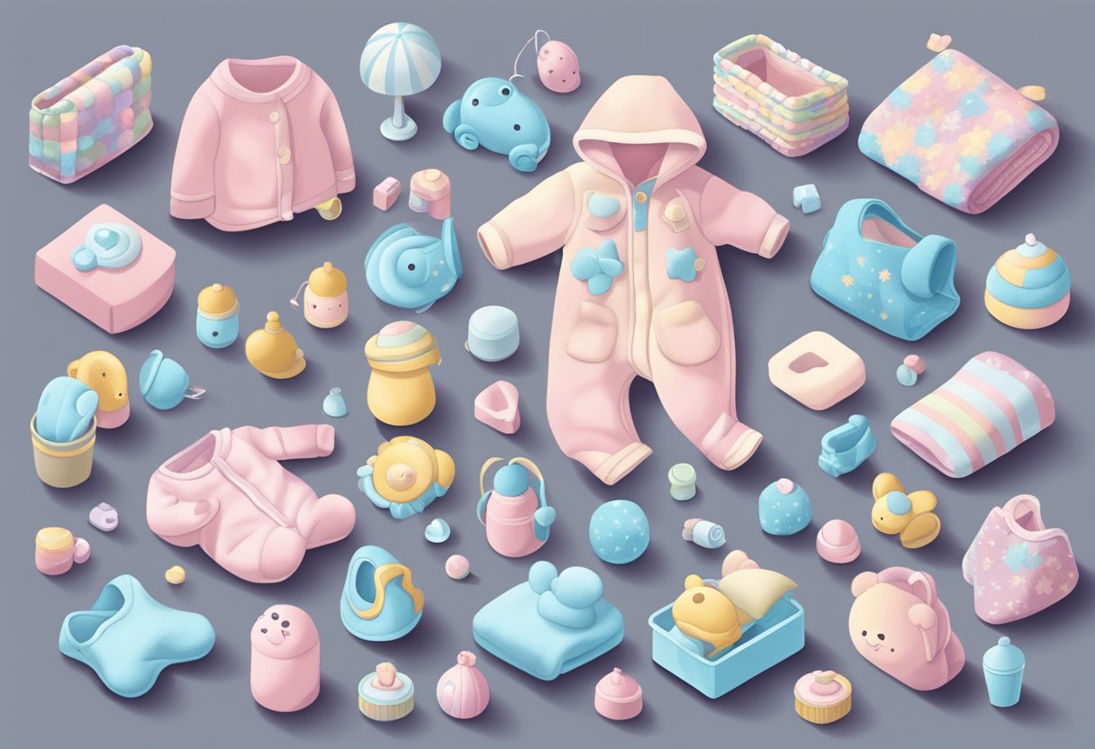 A collection of soft, pastel-colored baby items, like blankets, toys, and clothes, arranged in a playful and whimsical manner