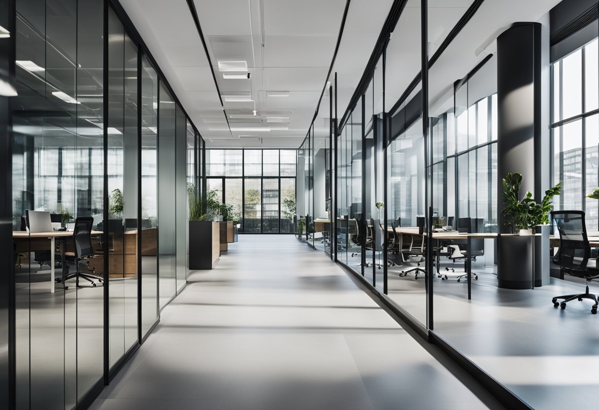 A sleek, modern office space with glass partitions creating a sense of openness and collaboration. Clean lines and minimalistic design promote a professional and inviting environment