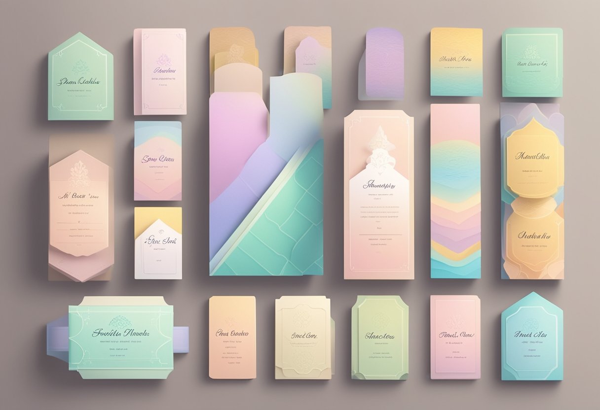 A collection of colorful name cards arranged on a table, with soft pastel colors and cute, whimsical fonts