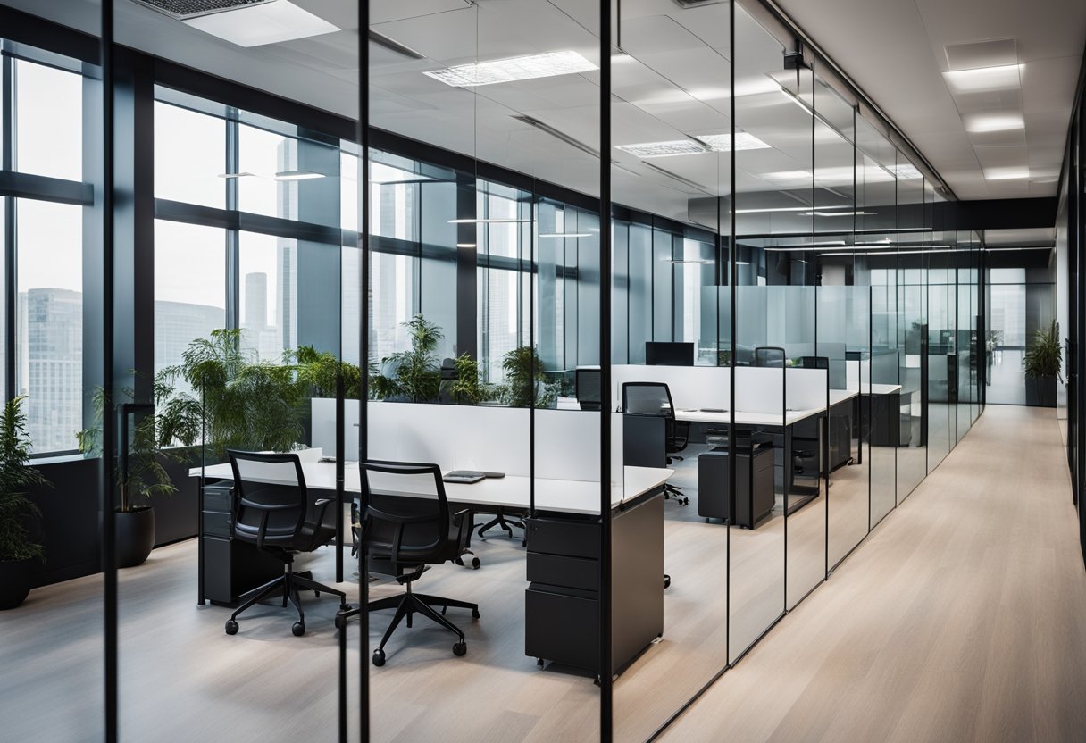 A modern office with sleek glass partitions, allowing natural light to flood the space. Innovative design features include integrated technology and minimalist hardware