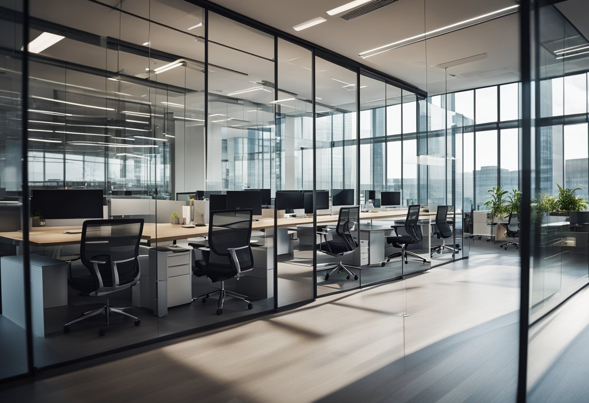 A sleek, open office space with transparent glass partitions, allowing for natural light to flow through and creating a modern, collaborative work environment