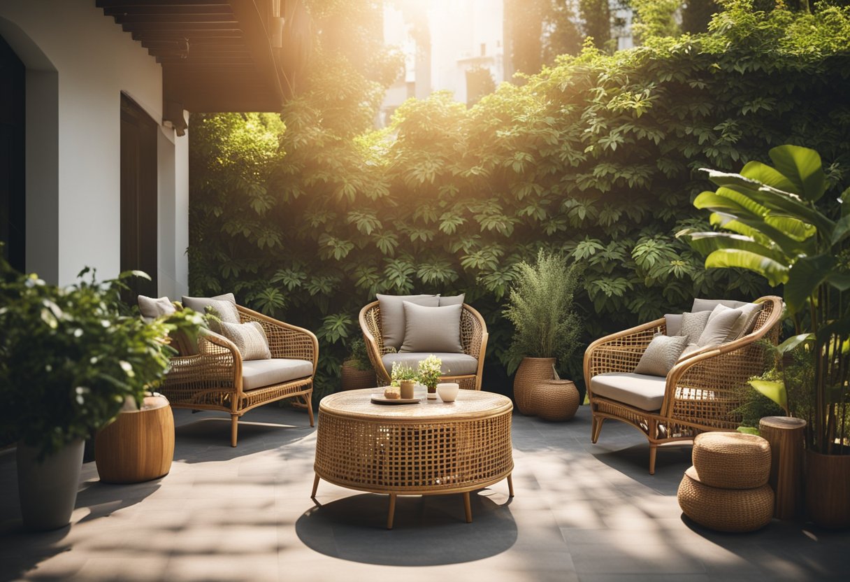 A cozy outdoor patio with rattan furniture, surrounded by lush greenery and bathed in warm sunlight
