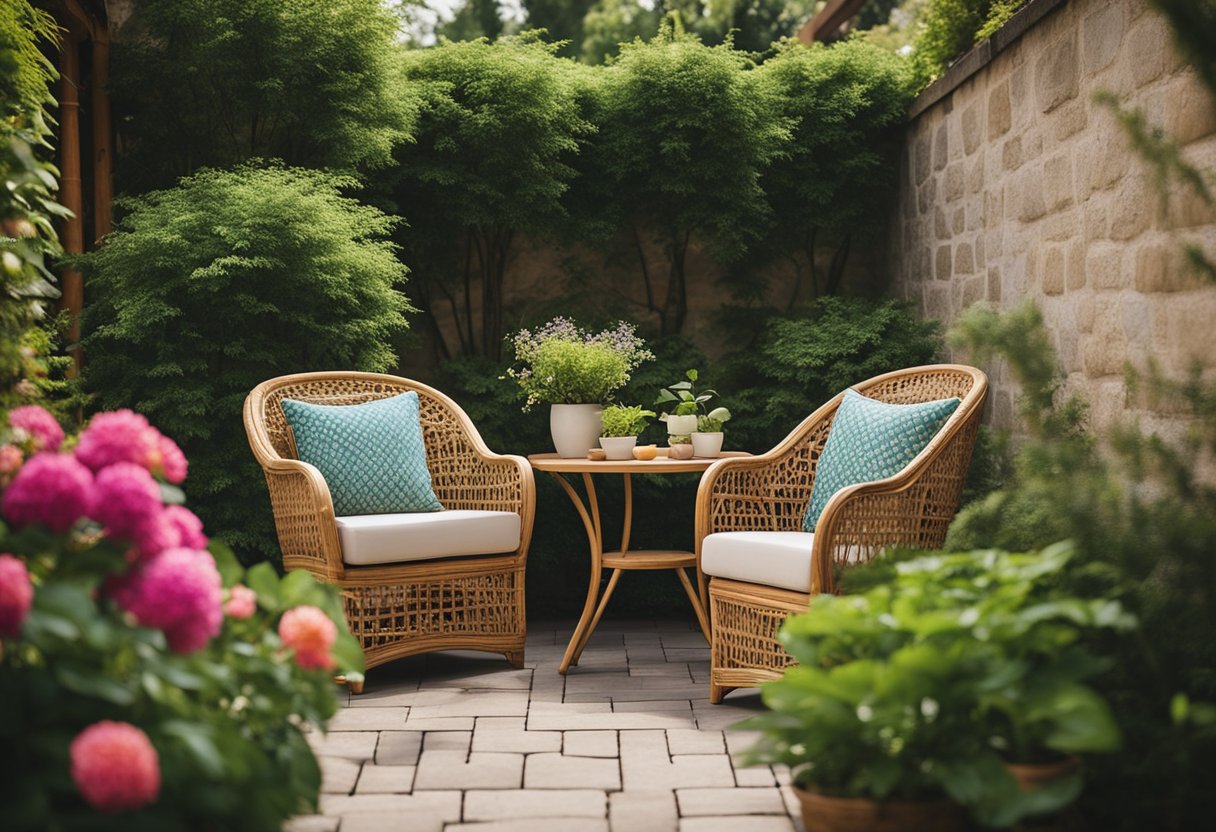 A cozy outdoor patio with rattan furniture, surrounded by lush greenery and colorful flowers, creating a peaceful and inviting atmosphere