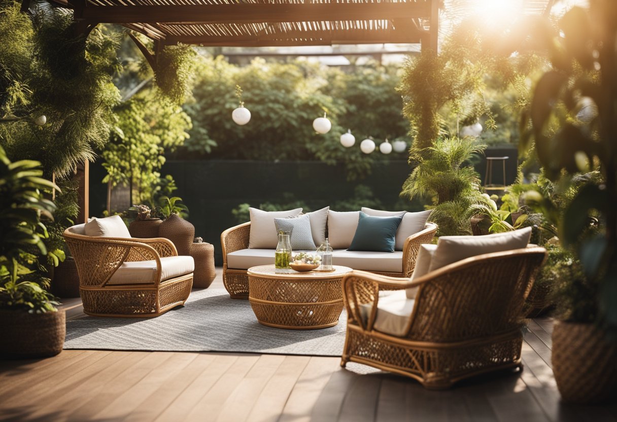 A cozy outdoor setting with rattan furniture, surrounded by lush greenery and warm sunlight