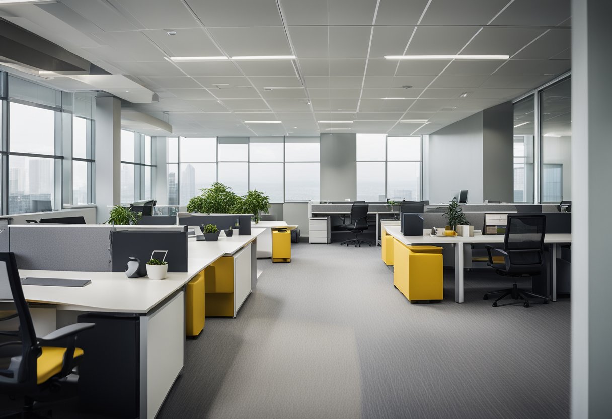 The office building interior features modern furniture, large windows, and a sleek color scheme. The open floor plan allows for natural light to fill the space, creating a bright and welcoming atmosphere