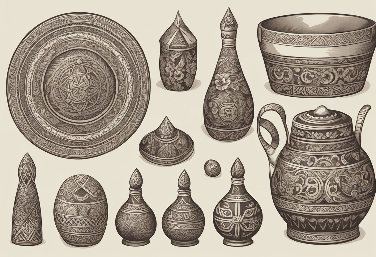 A collection of traditional Slavic symbols and artifacts, including a nesting doll, a balalaika, and a decorative embroidered shirt