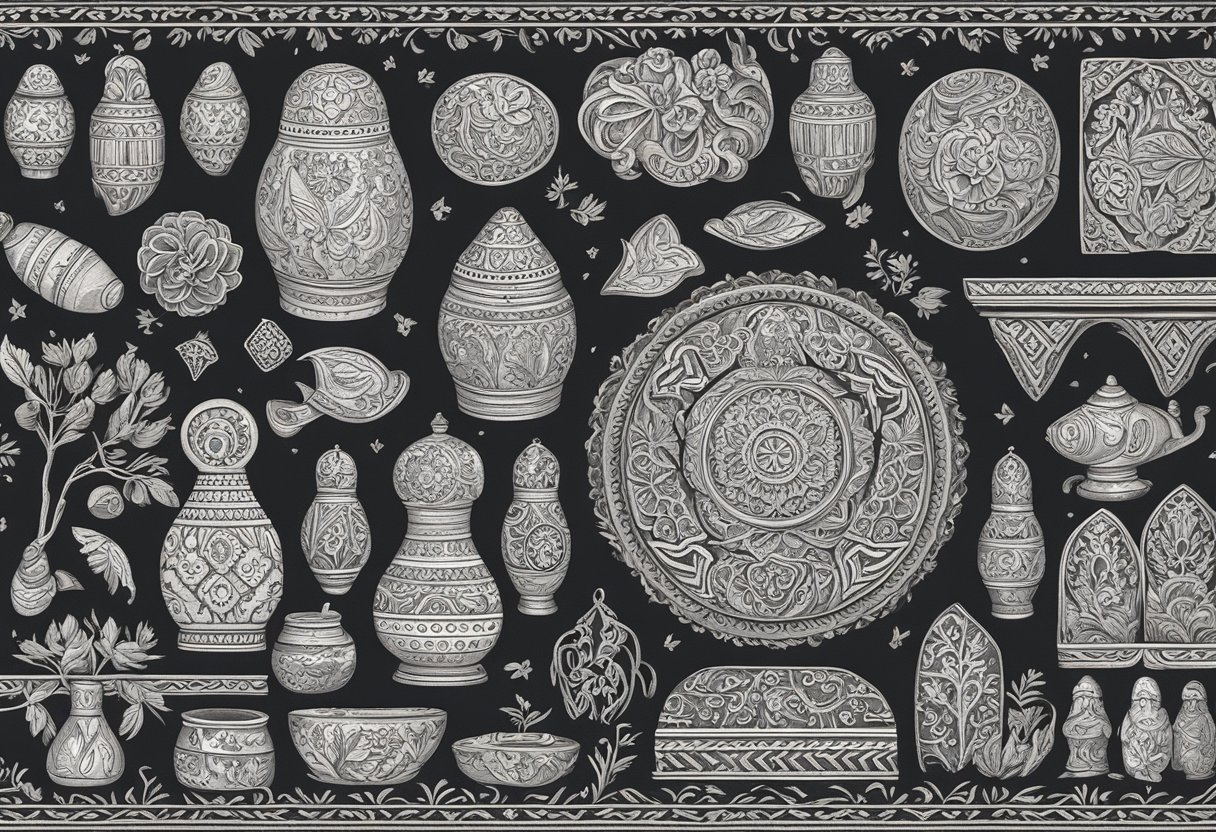 A collection of traditional Slavic symbols and artifacts, such as nesting dolls, embroidered textiles, and ornate wooden carvings, arranged on a rustic table