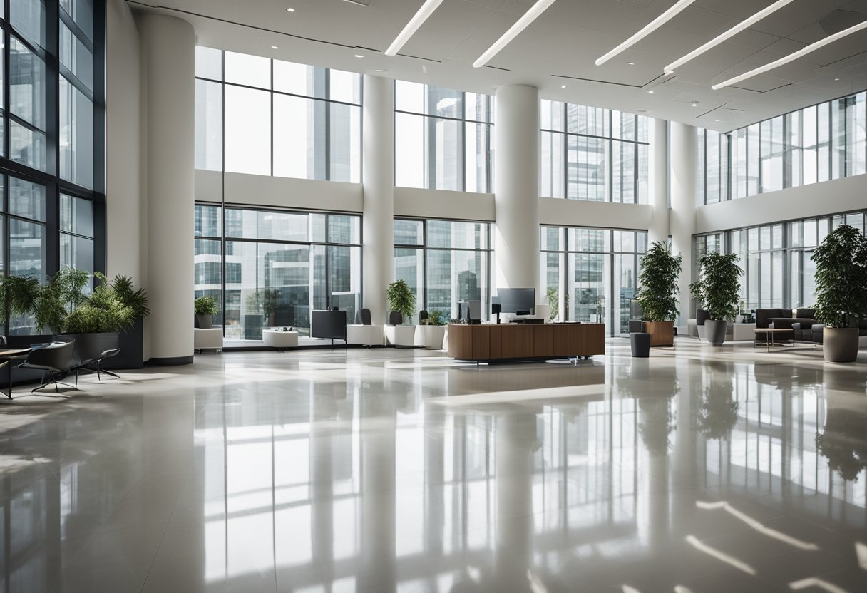 A modern office lobby with sleek furniture, large windows, and a minimalist color palette. The space is filled with natural light and features clean lines and open floor plan