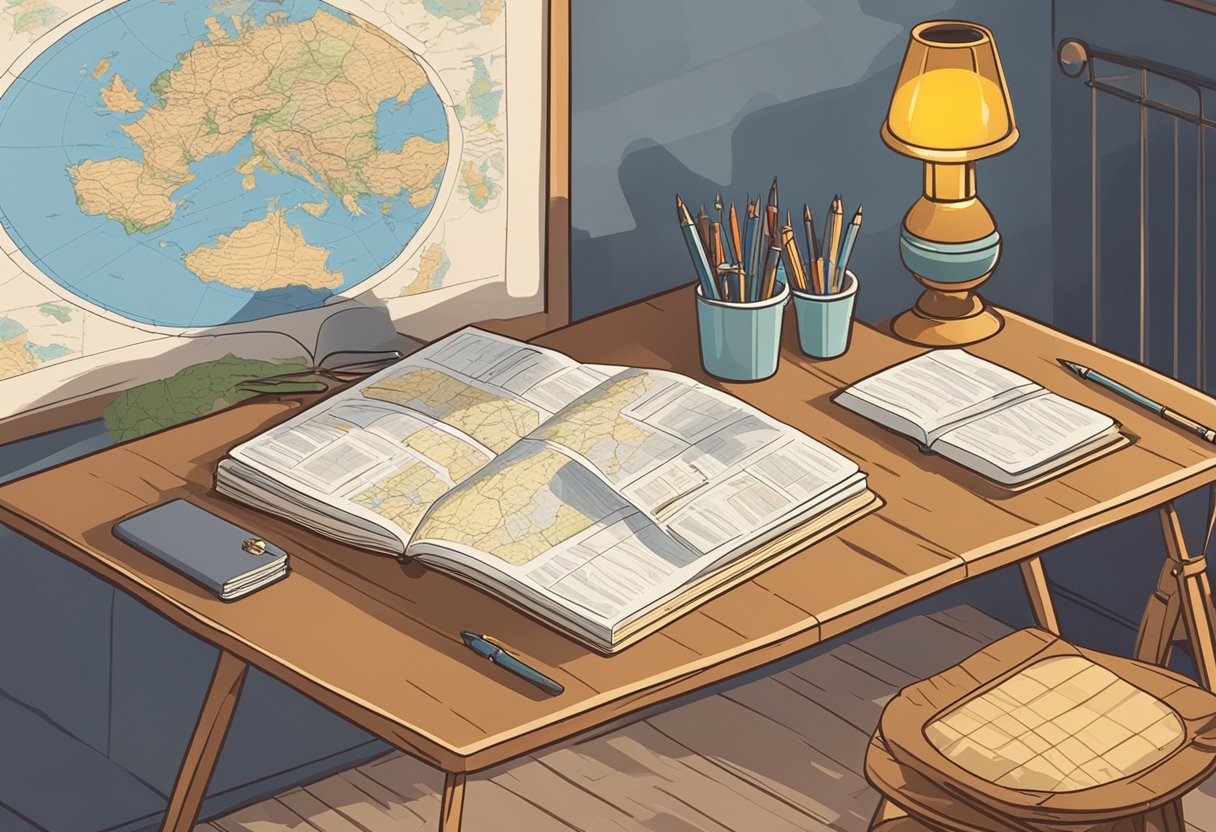 A table with a notebook, pen, and a stack of baby name books. A map of Slavic countries hangs on the wall