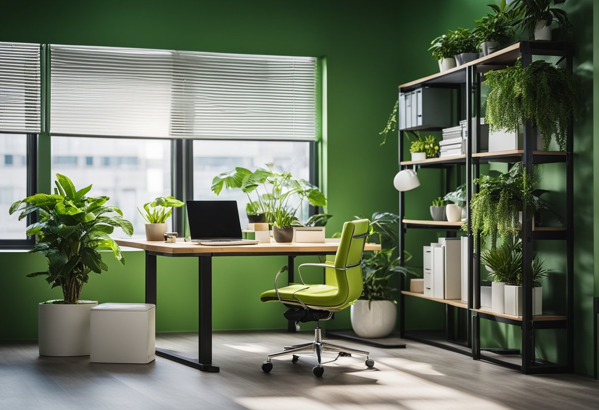 The office workspace features natural lighting, ergonomic furniture, green plants, and vibrant accent colors