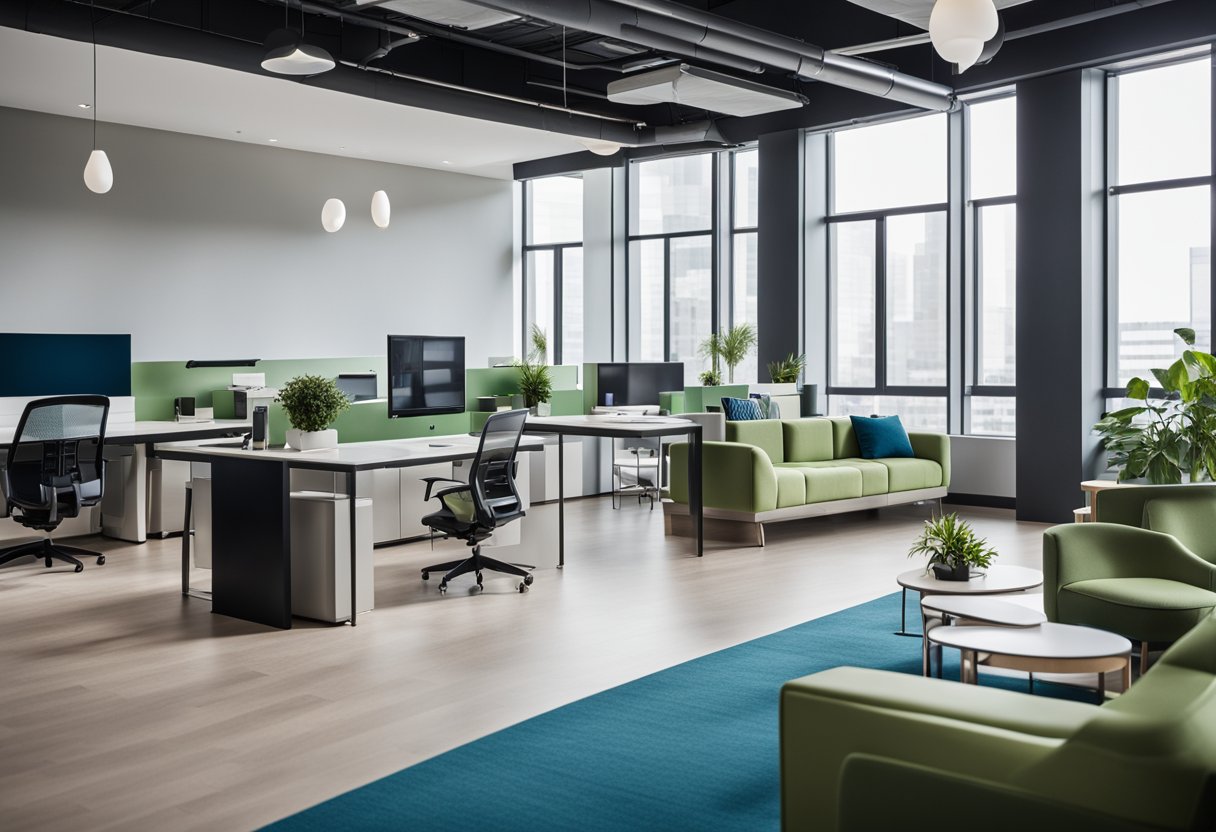 An open office space with modern furniture, large windows, and a reception area. Neutral color scheme with pops of blue and green. Clean lines and minimalistic design