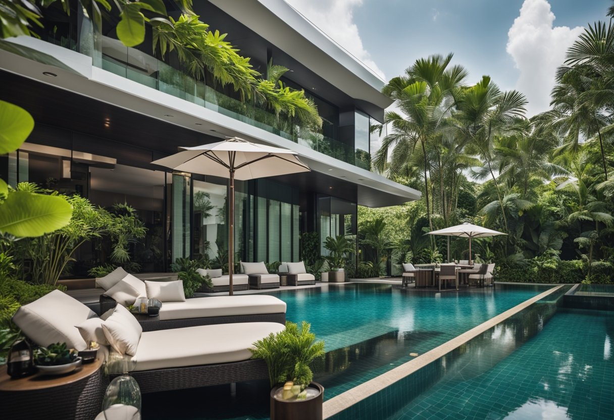 A luxurious outdoor setting with modern resort-style furniture in Singapore. The scene includes sleek lounge chairs, a stylish dining table, and a cozy seating area with plush cushions. Lush greenery and a serene pool complete the backdrop