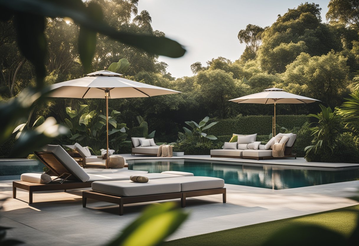 A luxurious outdoor setting with modern, sleek furniture, surrounded by lush greenery and a sparkling pool in the background