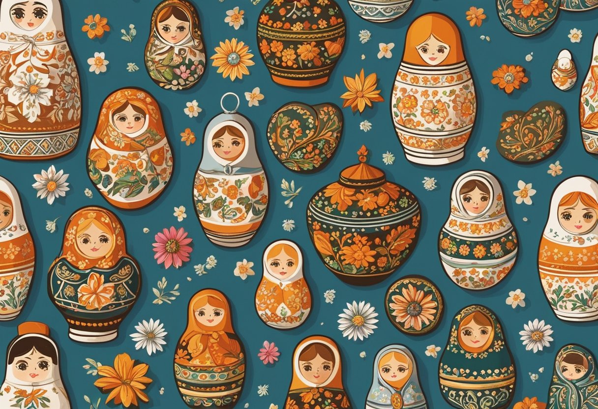 A collection of traditional Slavic objects, like nesting dolls, embroidery, and folk art, arranged on a table