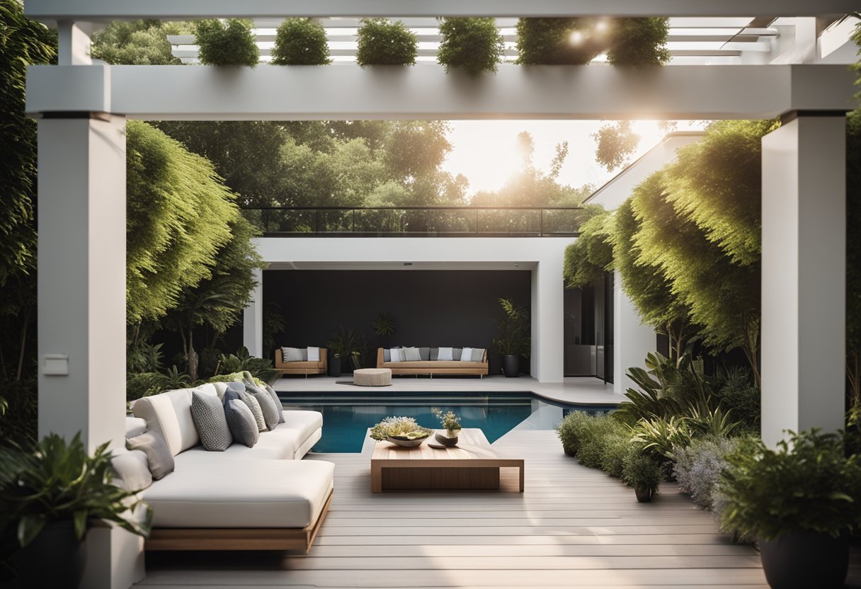 A luxurious outdoor patio with sleek, modern furniture, surrounded by lush greenery and a sparkling swimming pool