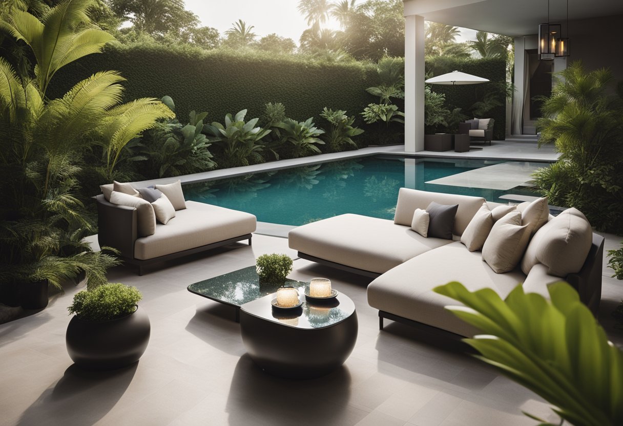 A luxurious outdoor patio with modern, sleek furniture, surrounded by lush greenery and a sparkling pool