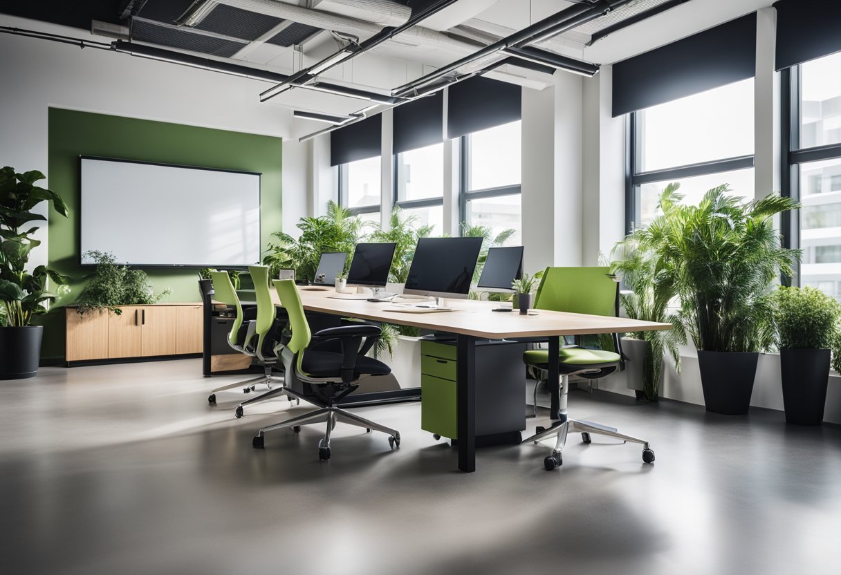A modern office with ergonomic furniture, ample natural light, green plants, and organized workstations. A whiteboard and technology for virtual meetings are also present