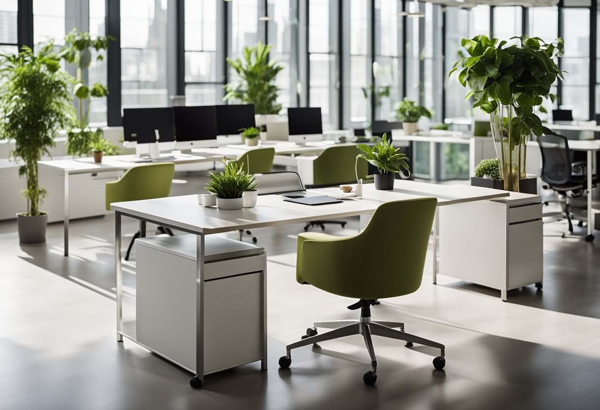 A modern office with open floor plan, natural light, ergonomic furniture, and green plants. Clean lines, neutral colors, and organized workstations create a productive atmosphere