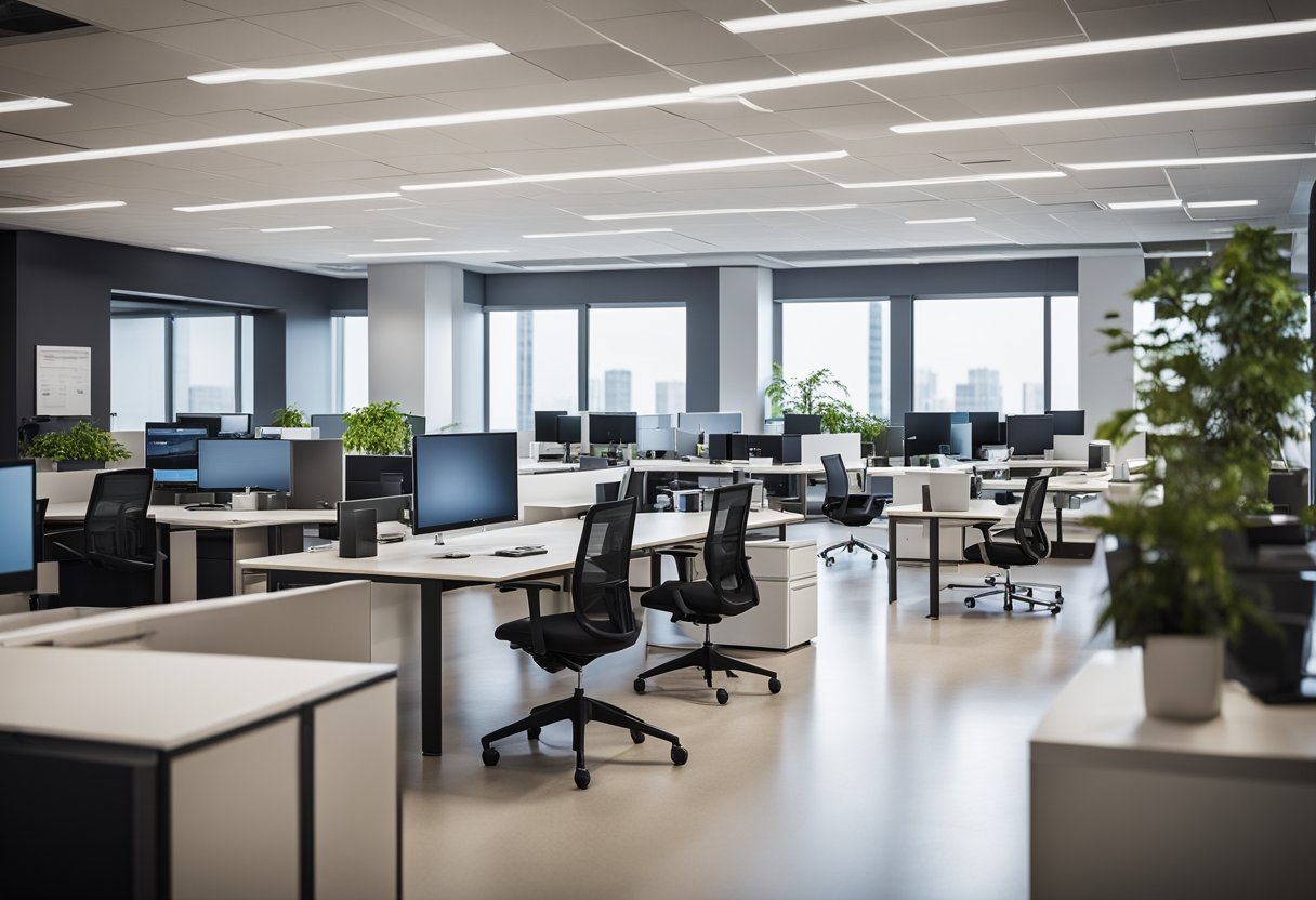 A modern office with open layout, ergonomic furniture, natural lighting, and designated collaboration areas. Technology integration and flexible workstations promote functionality