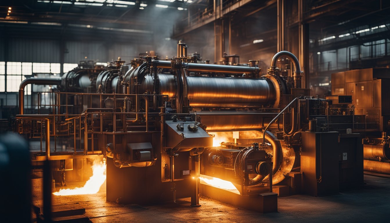 A walking beam furnace with glowing hot metal and flames, surrounded by industrial machinery and pipes