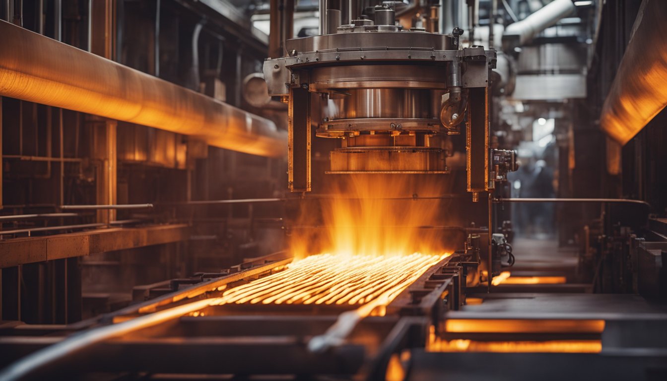 A walking beam furnace with alternating beams moving hot materials through heating zones