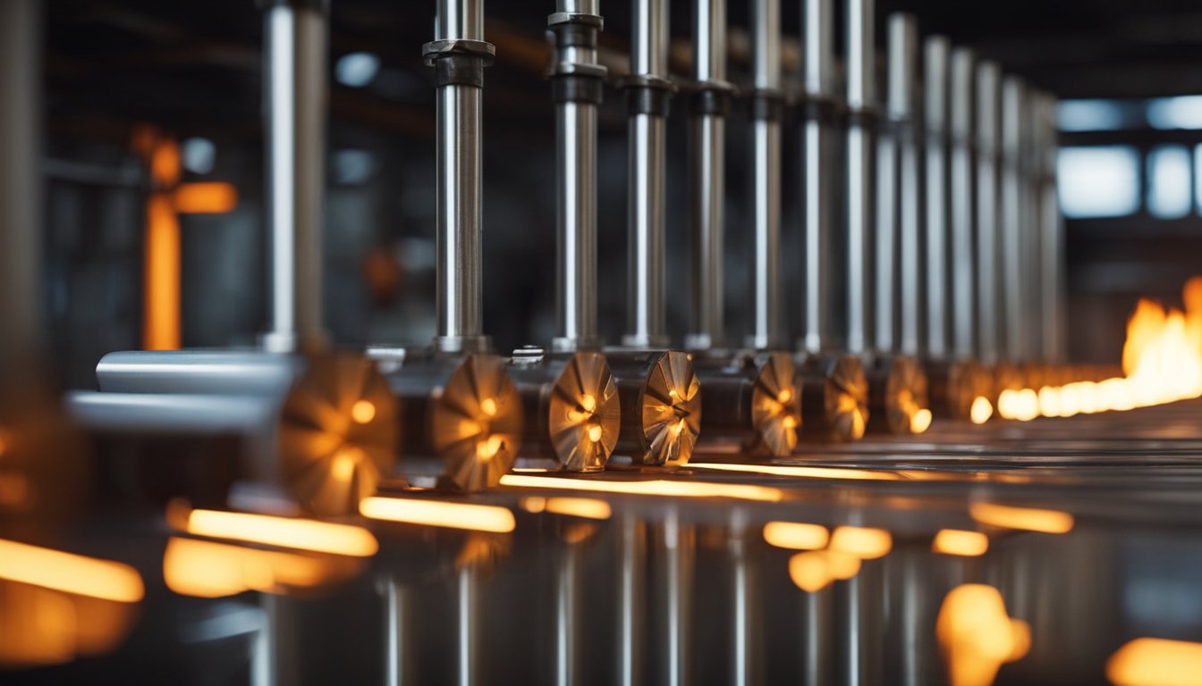 Metal rods move through walking beam furnace, guided by mechanical arms. Flames engulf the furnace, heating the rods to extreme temperatures